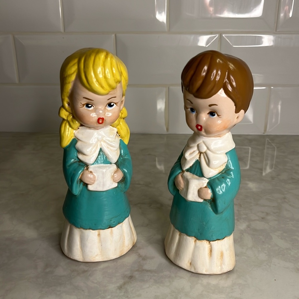 Vintage  Antique 1960’s Kitsch Ceramic Christmas Carolers Signed Hand Painted